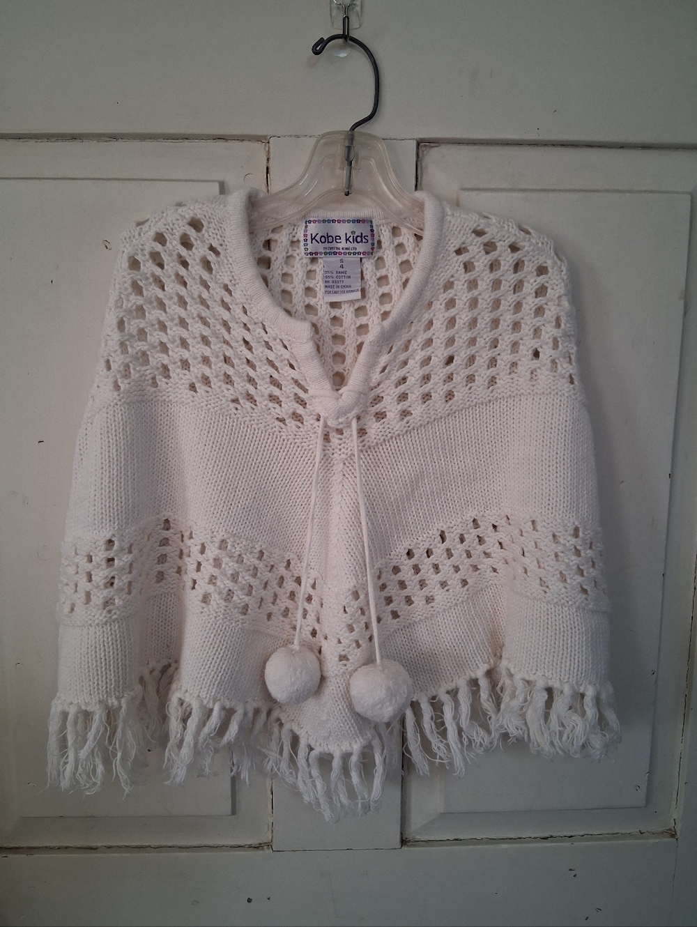 Vintage Kobe Kids White Knit Fringe Poncho Sweater with Pom-Pom Ties Sz 4